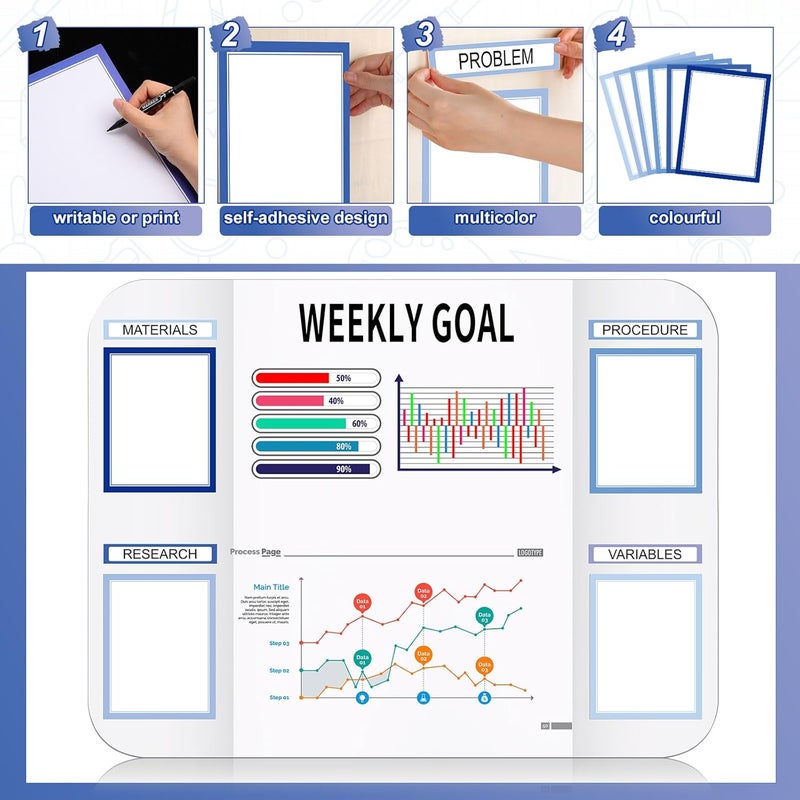 Sinload 92 Pcs Science Fair Board Supplies 60 Trim Scalloped Poster Boards 18 Presentation Subtitles 6 Project Titles 8 Letter Sticker for Classroom Display Boards(Blue Tone) - Image 3